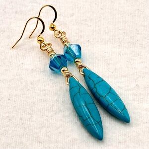 Elegant Turquoise and Crystal Gold Dangle Earrings